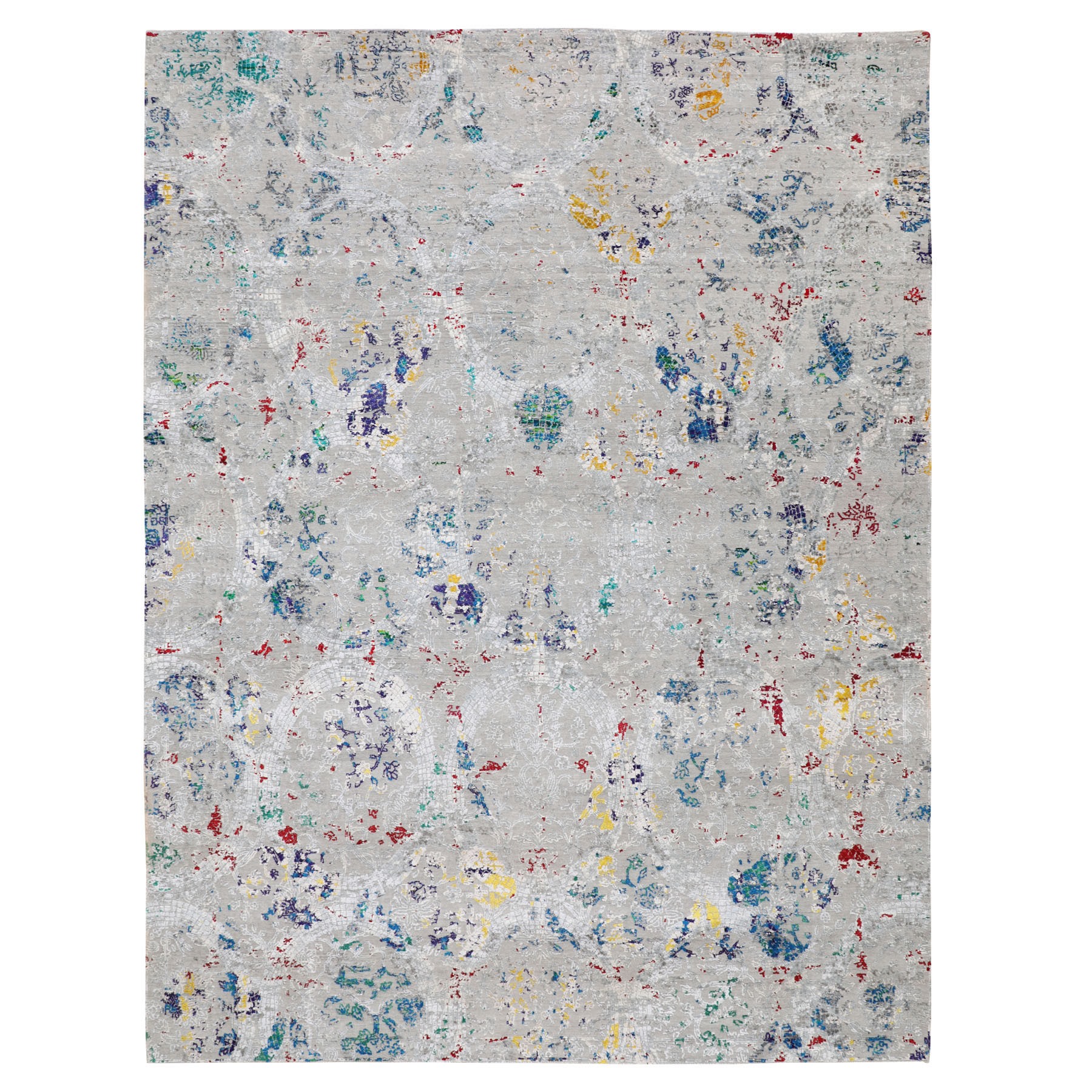 9'x12' Gray Sari Silk With Textured Wool Transitional Design Hand